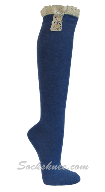 Blue Vintage style knee high sock with crochet lace